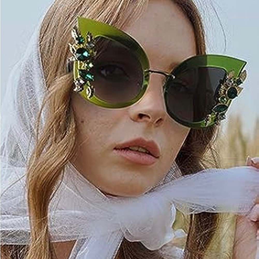 Blue cat eye butterfly rhinestone bling embellished sunglasses. - Picture 11 of 15